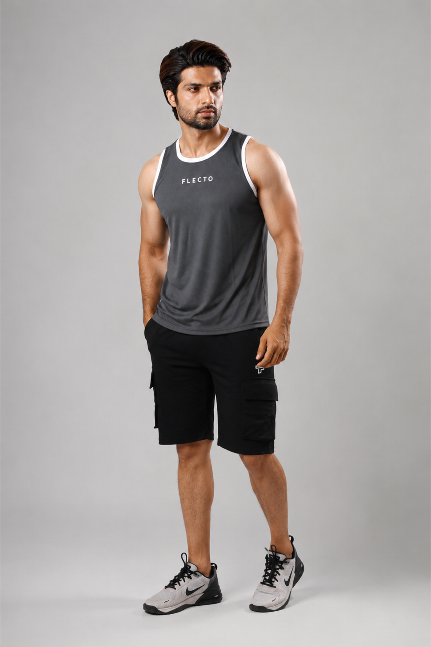 Grey Tank Top + Black Cargo Shorts