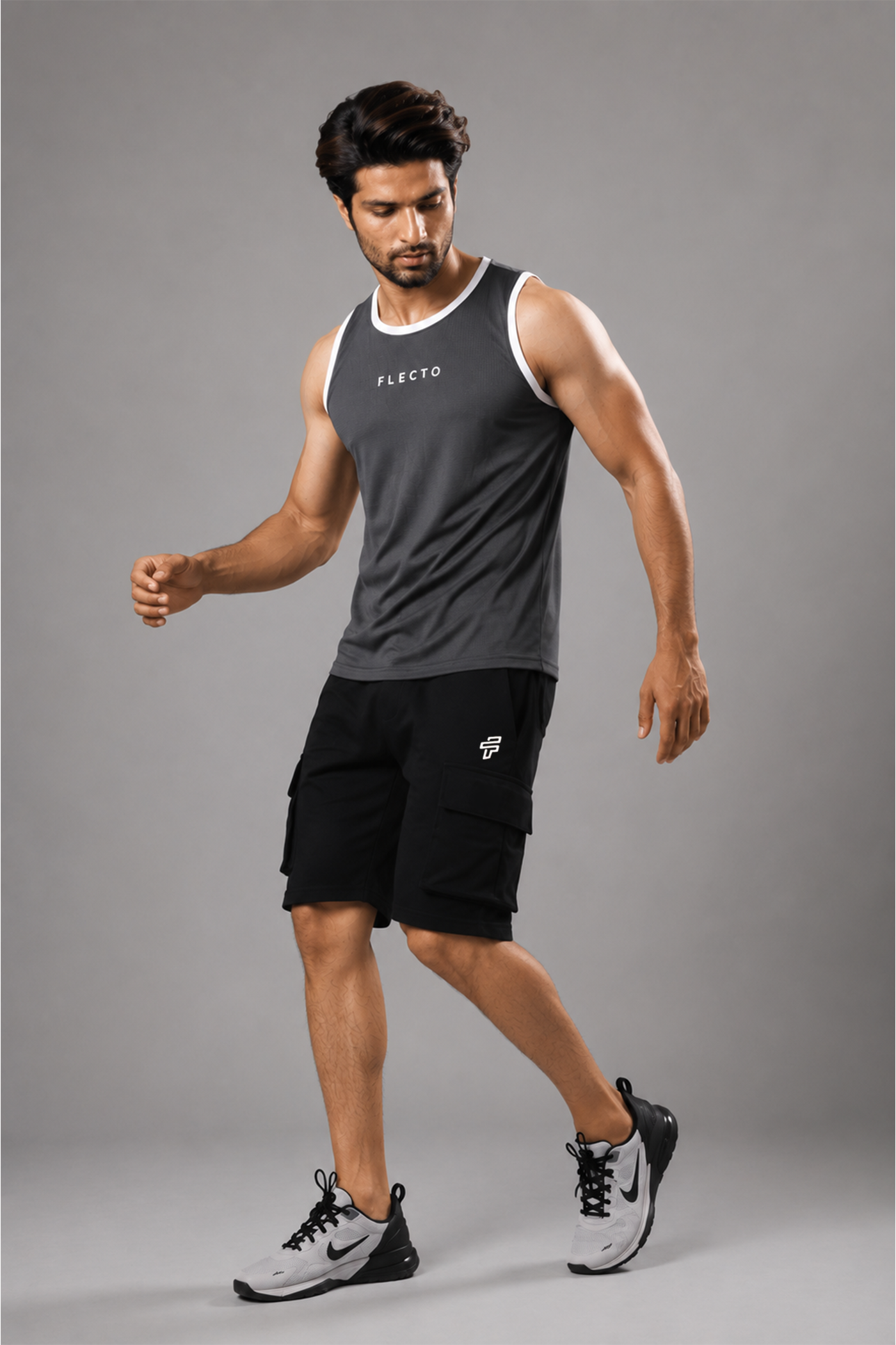 Grey Tank Top + Black Cargo Shorts