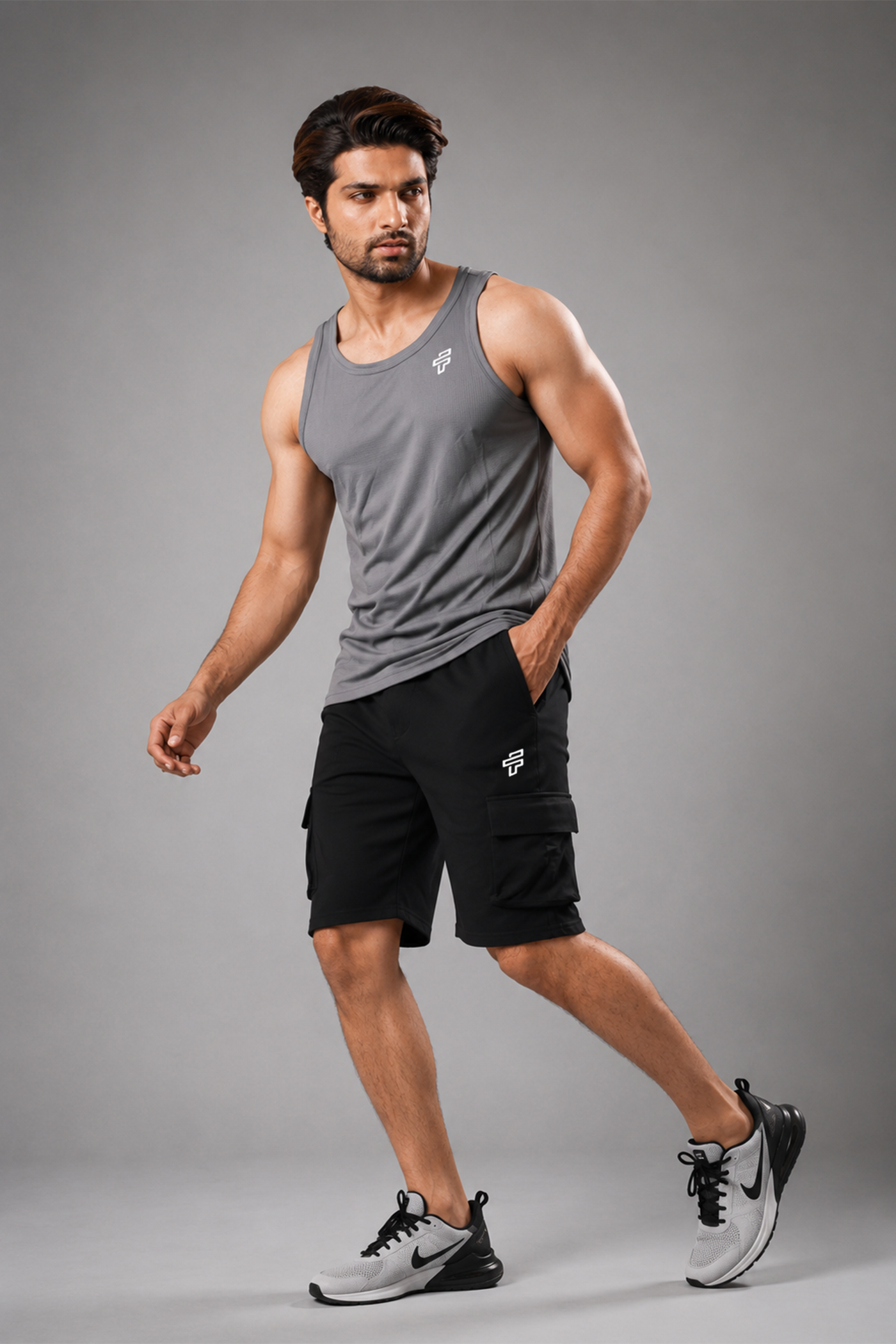Grey Stringer + Black Cargo Shorts