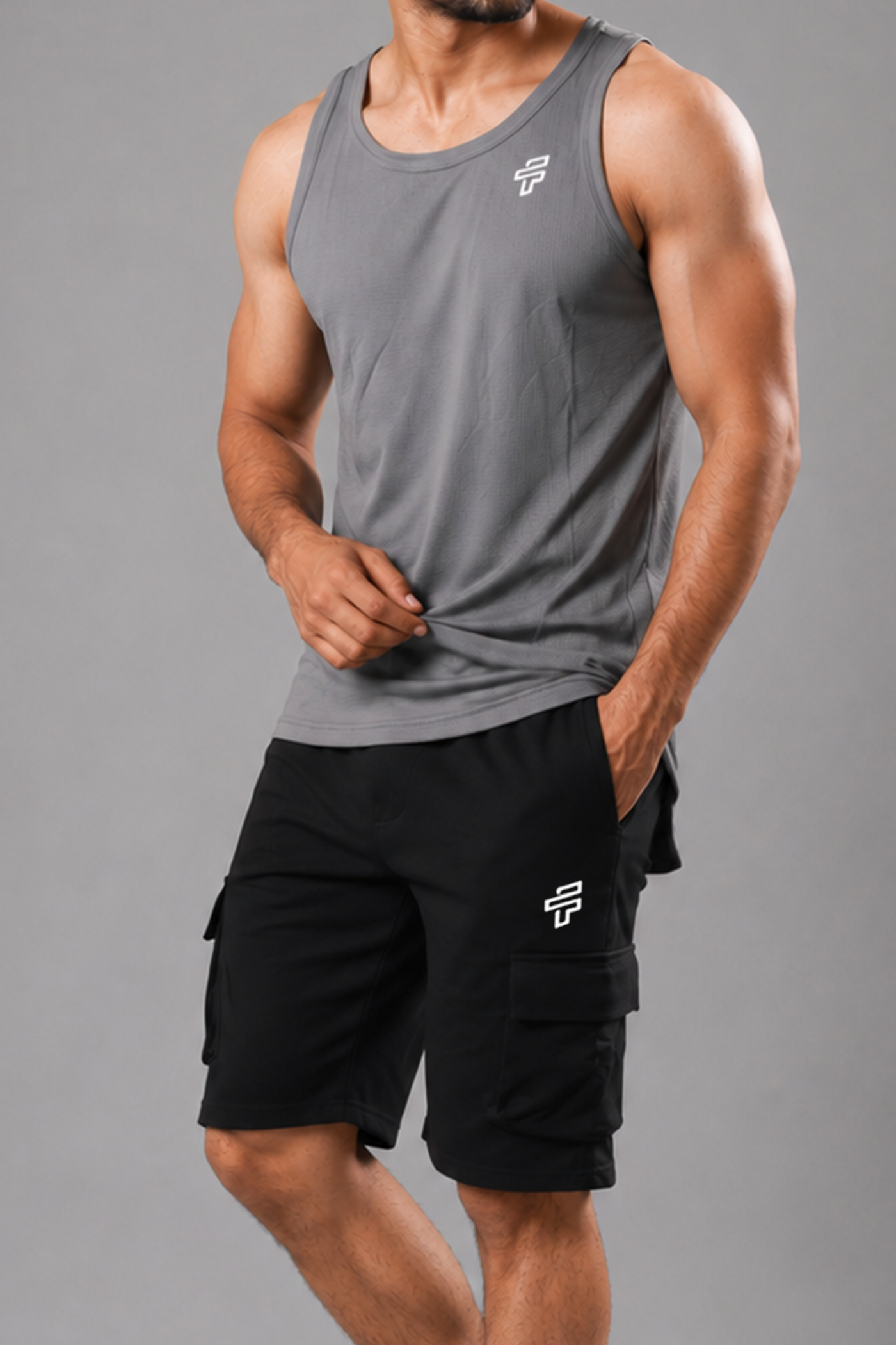 Grey Stringer + Black Cargo Shorts