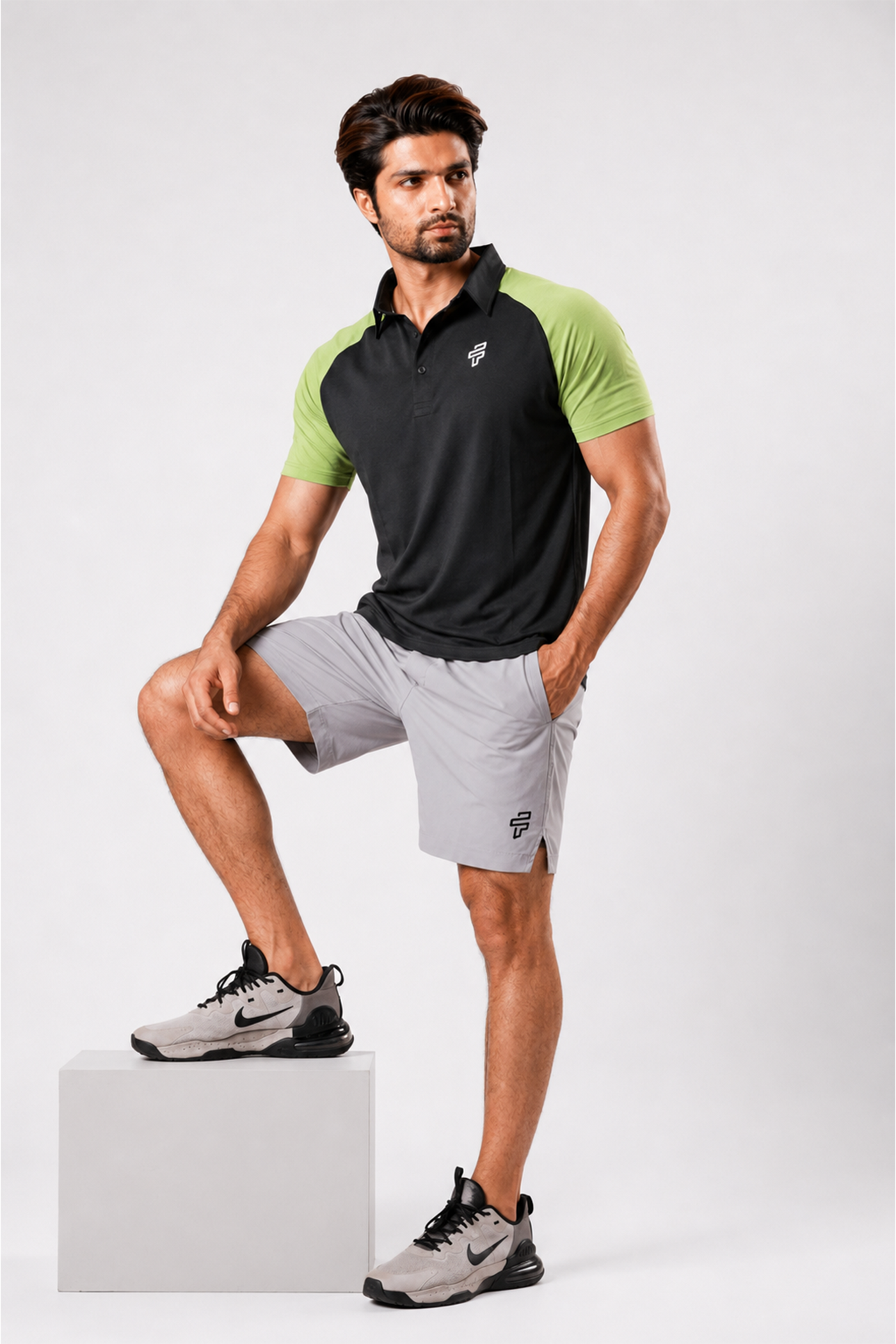 ⁠⁠Green Polo + Grey 2-in-1 Shorts