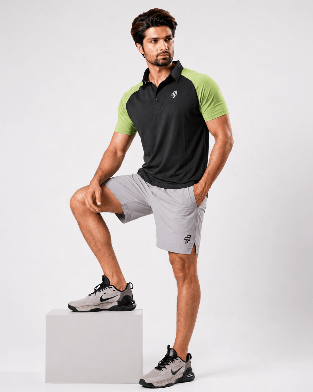 ⁠⁠Green Polo + Grey 2-in-1 Shorts - Flecto