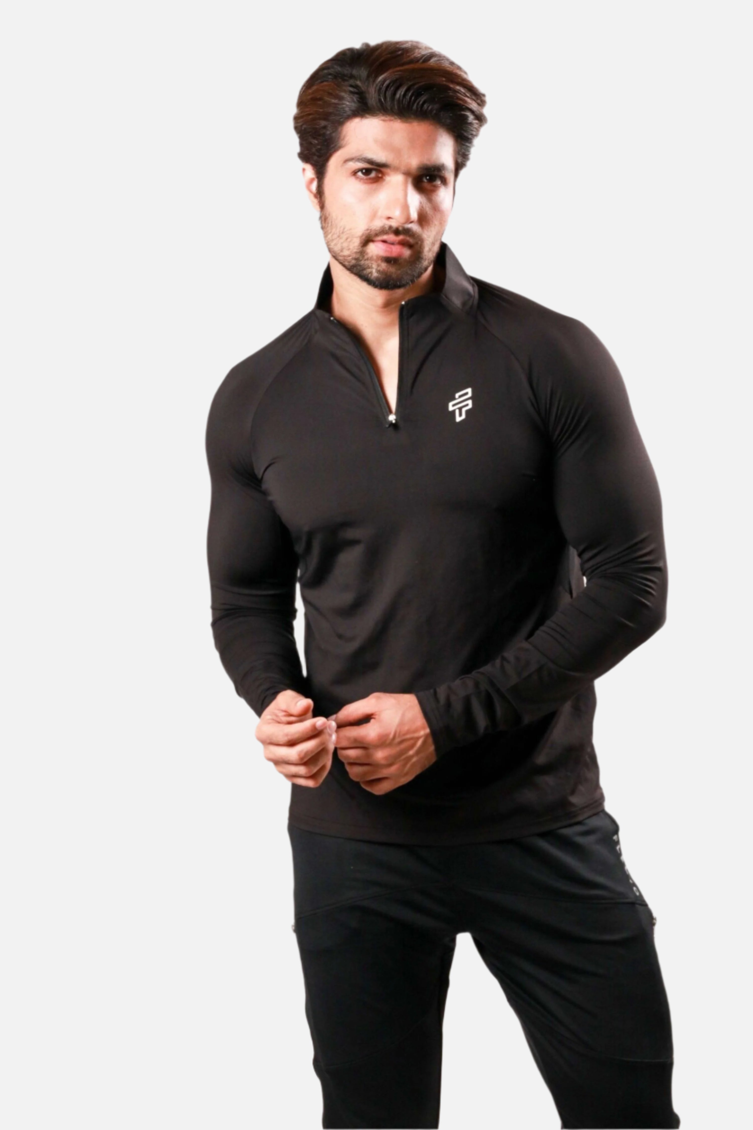 Men wearing black training tshirt with muscle-fit silhouette during workout