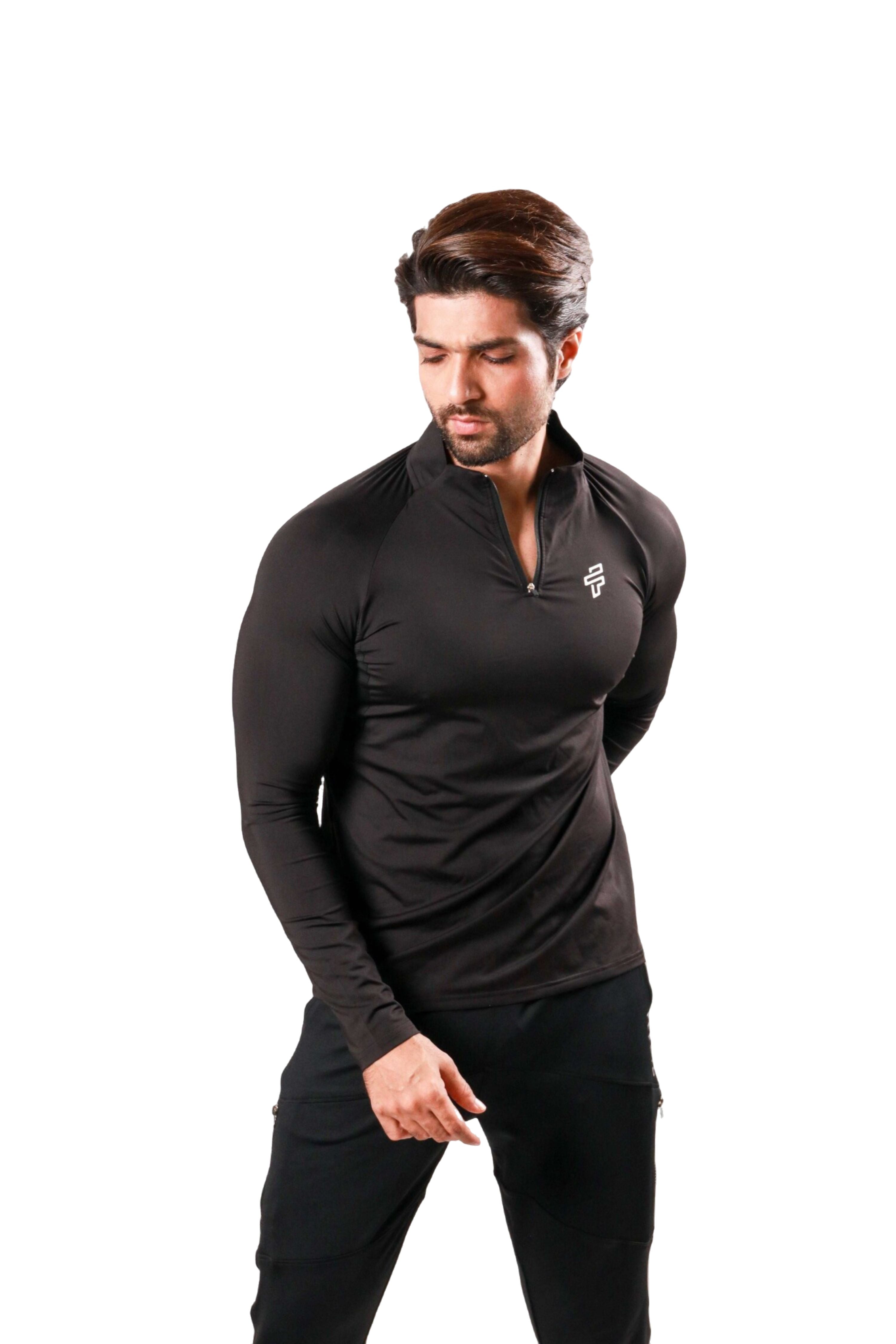 Men wearing black training tshirt with muscle-fit silhouette during workout