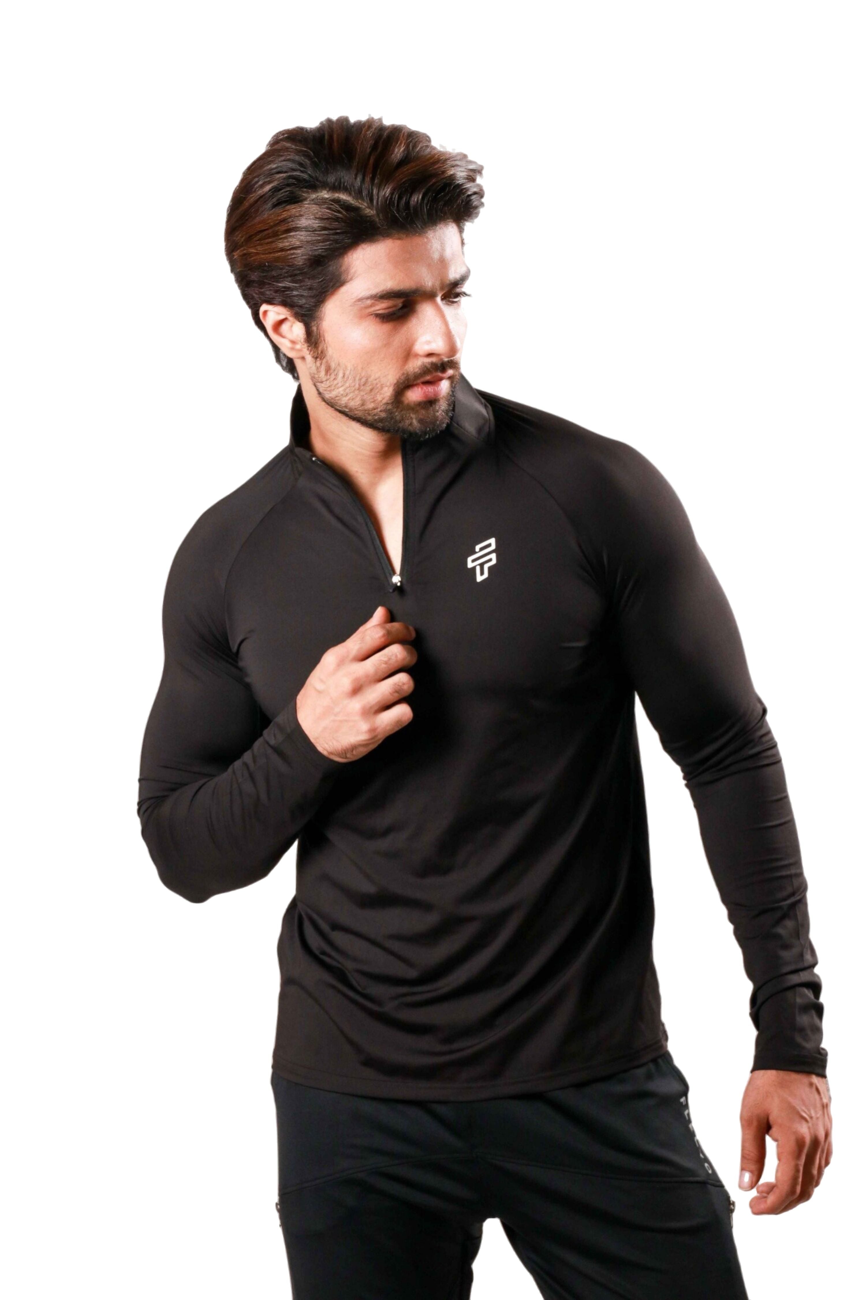 Men wearing black training tshirt with muscle-fit silhouette during workout