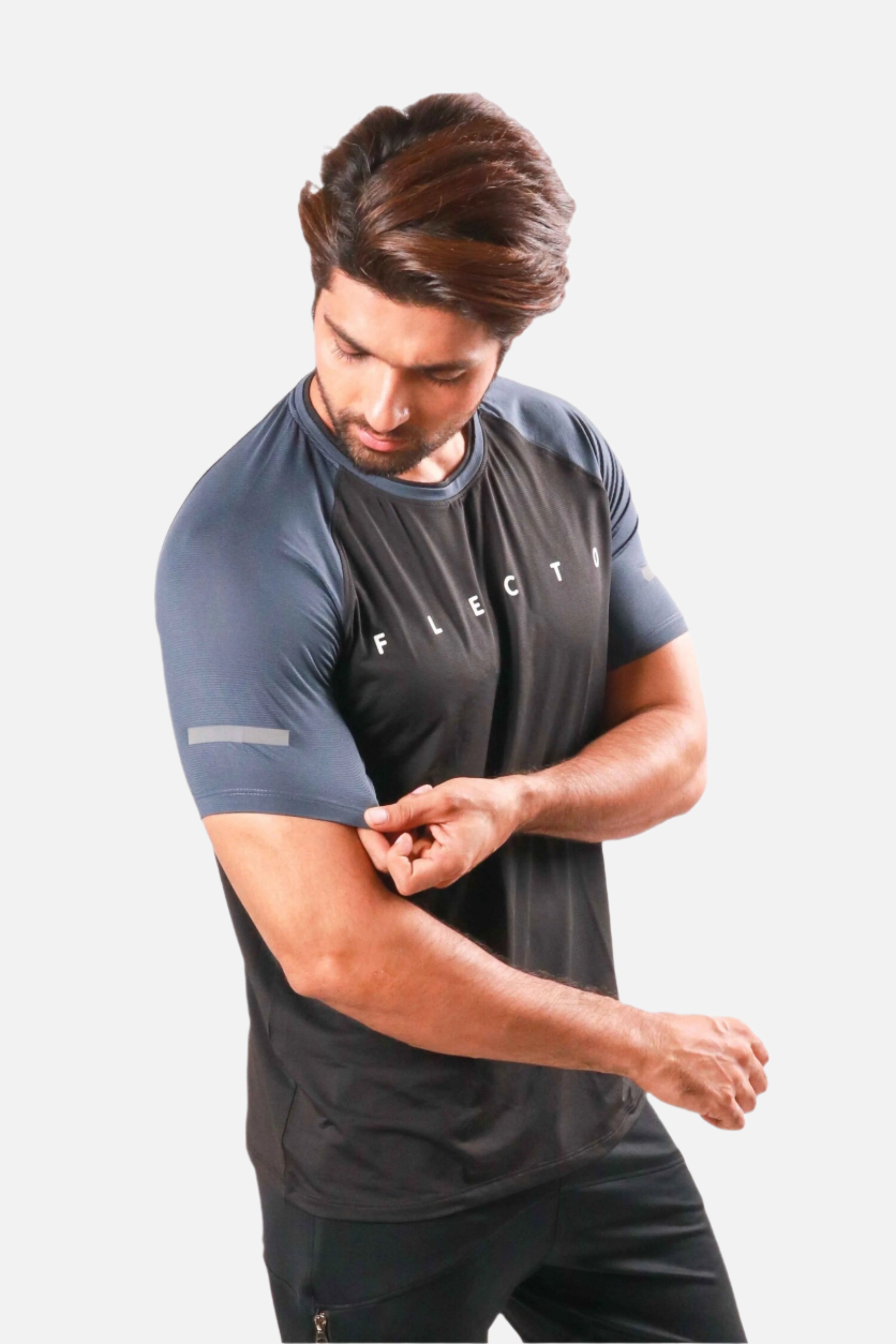 jersey half sleeve black-gun metal training top with breathable quick dry fabric