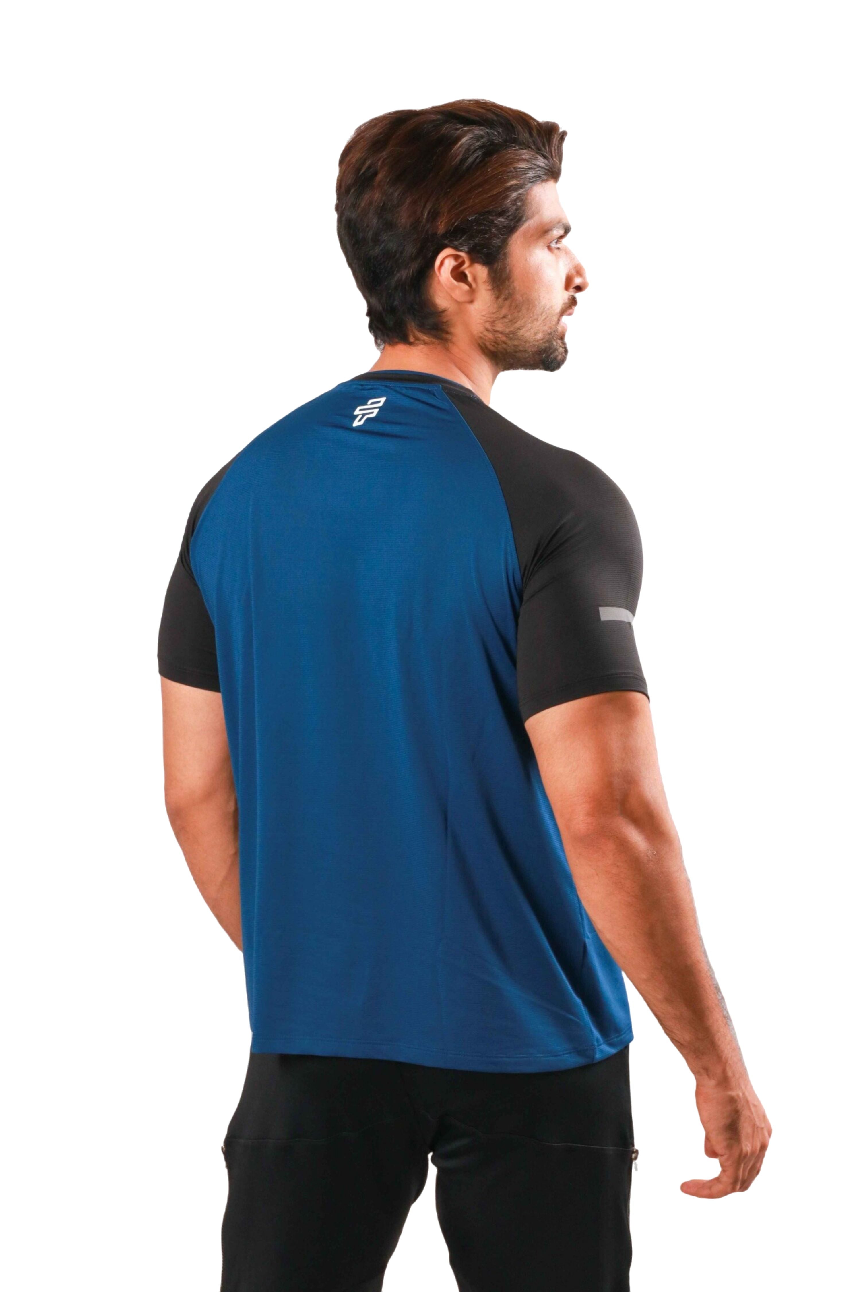 Classic blue and black jersey half sleeve designed for breathable and comfortable gym workouts