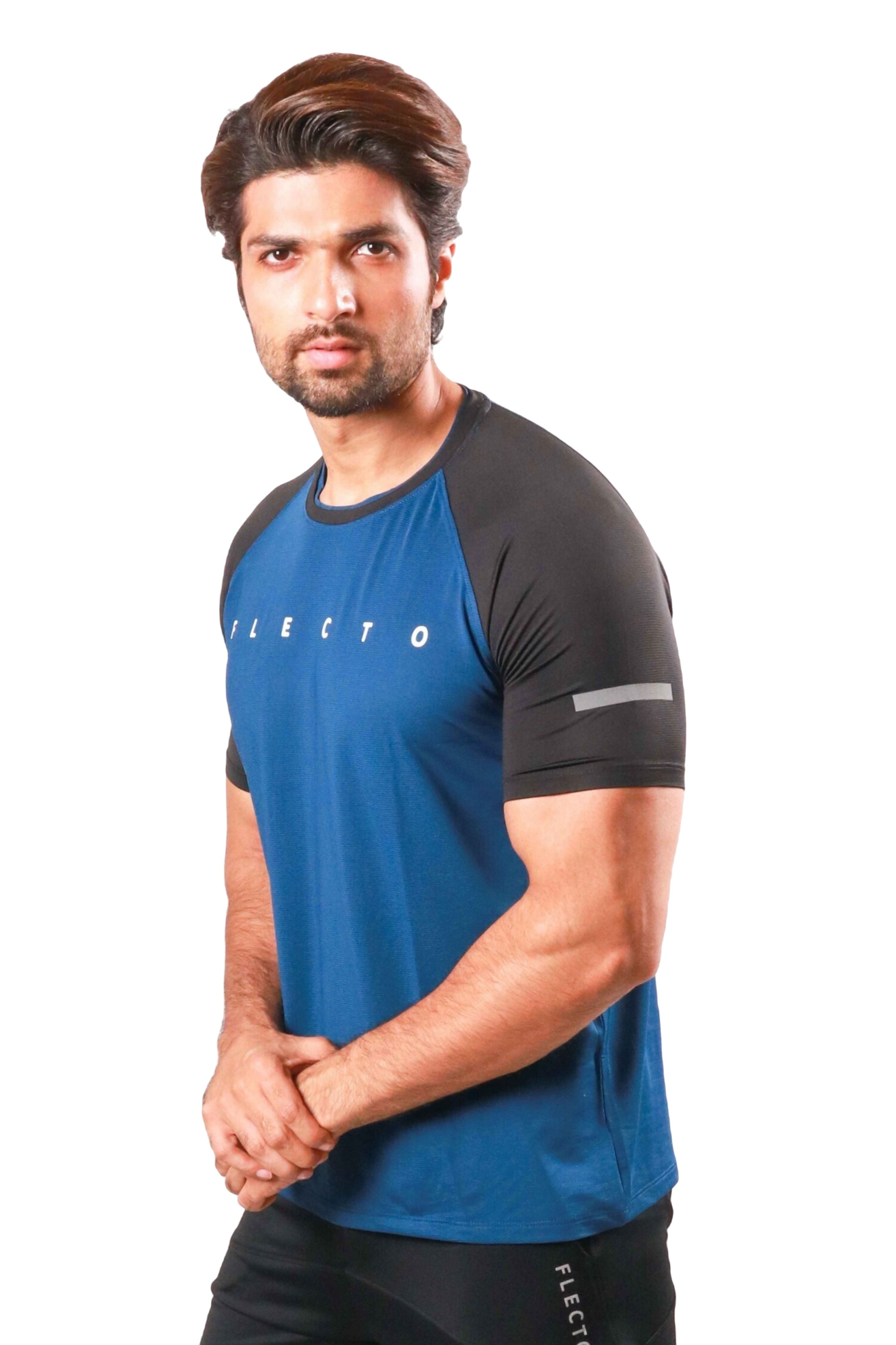 Classic blue and black jersey half sleeve designed for breathable and comfortable gym workouts