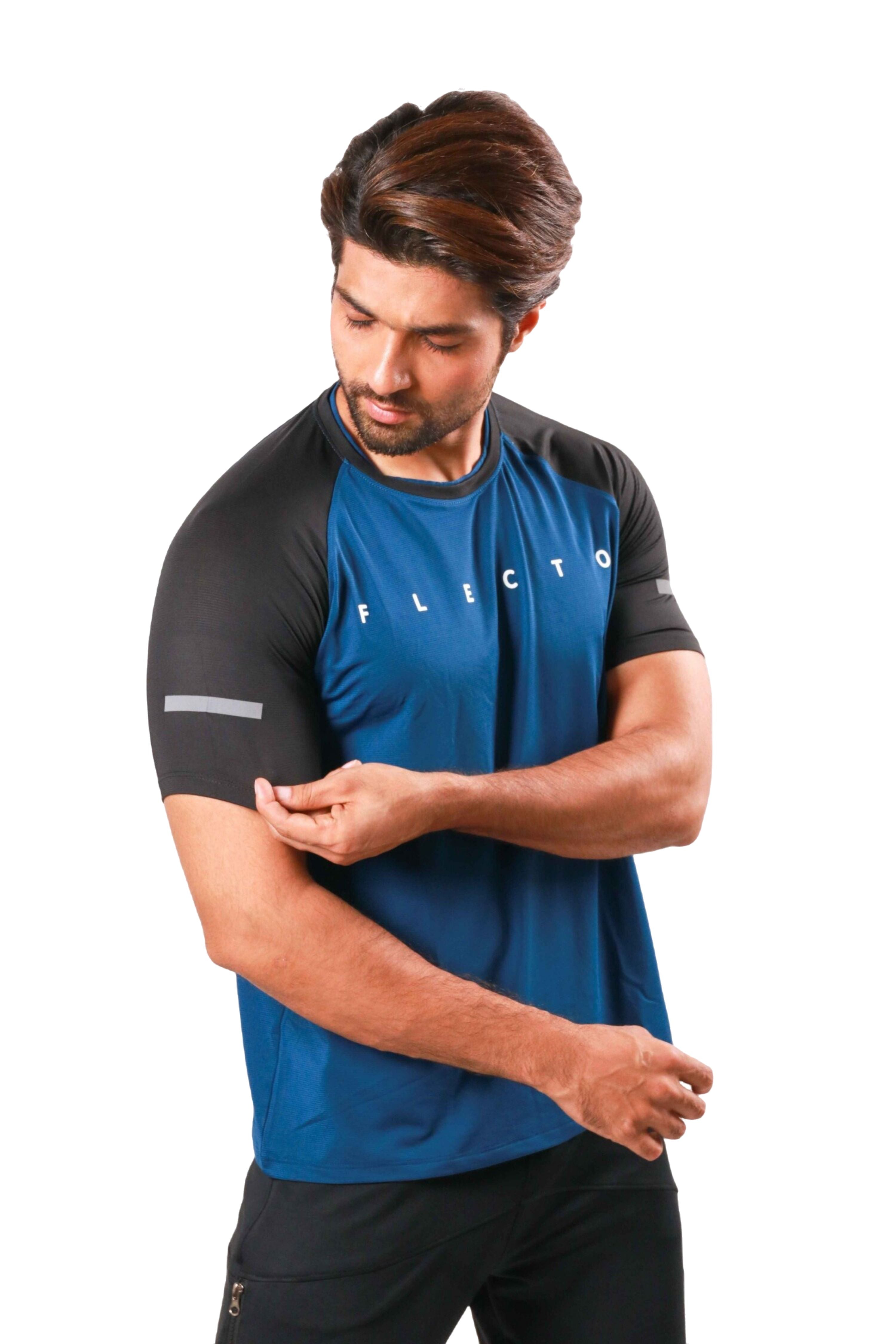 Classic blue and black jersey half sleeve designed for breathable and comfortable gym workouts
