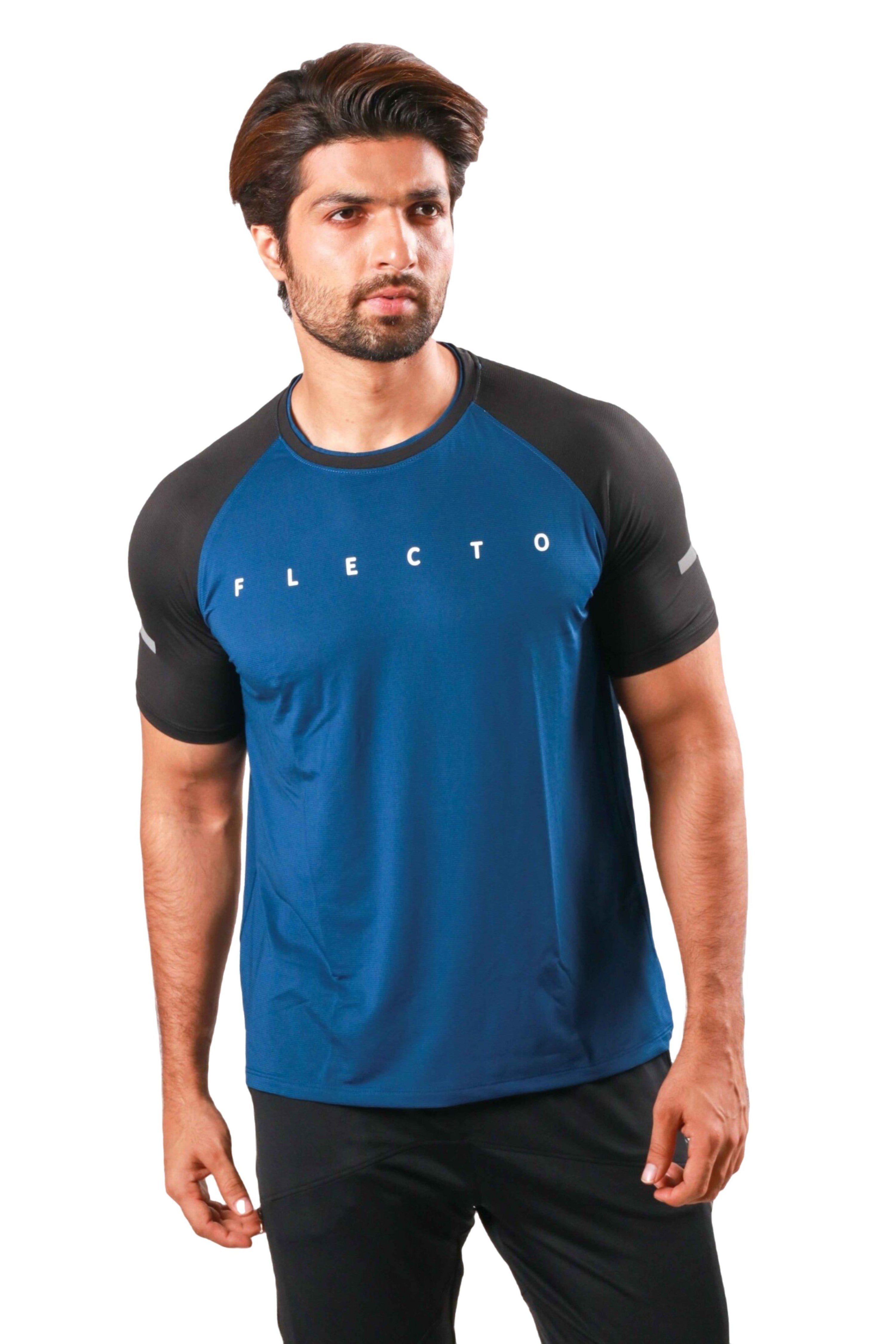 Classic blue and black jersey half sleeve designed for breathable and comfortable gym workouts