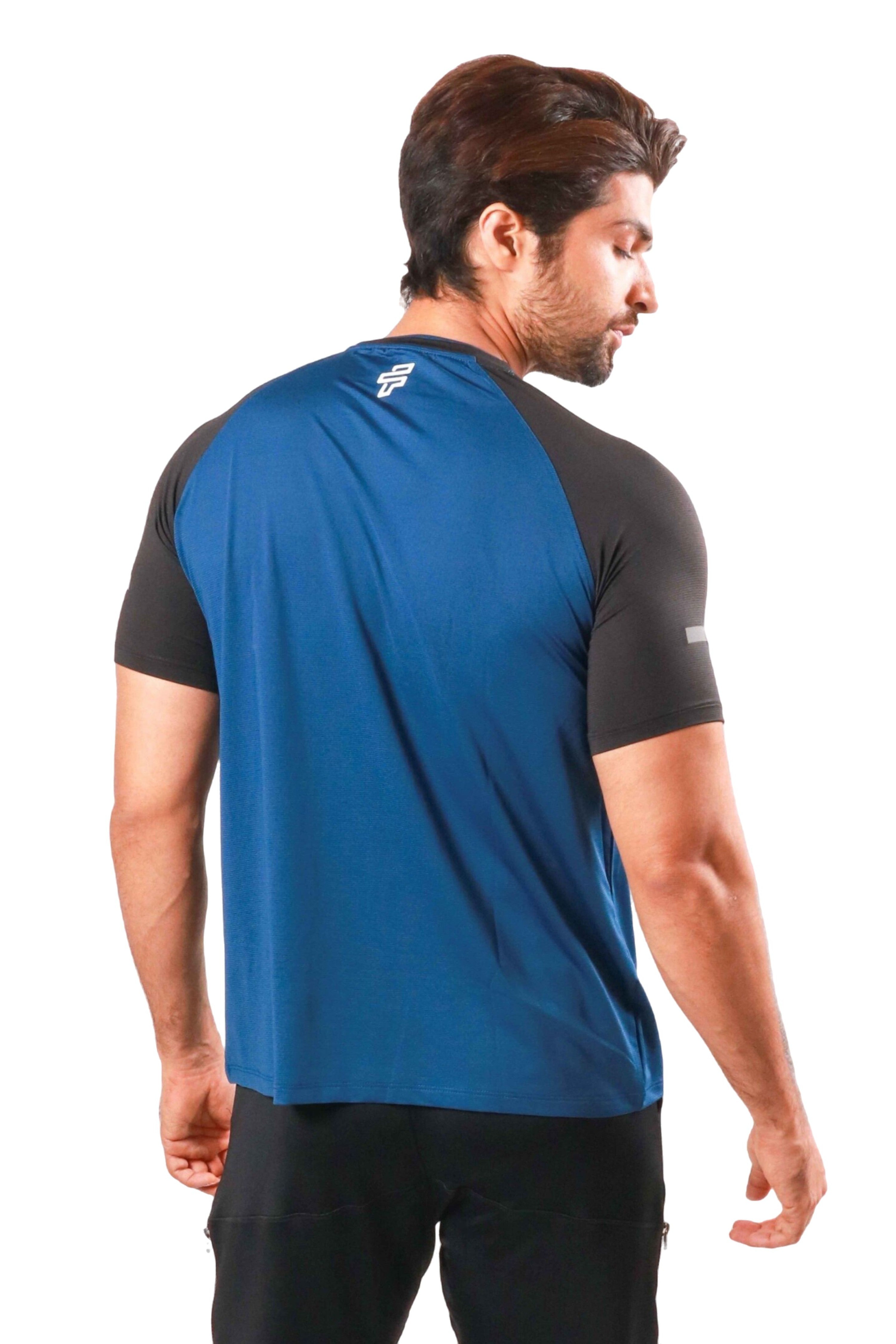 Classic blue and black jersey half sleeve designed for breathable and comfortable gym workouts